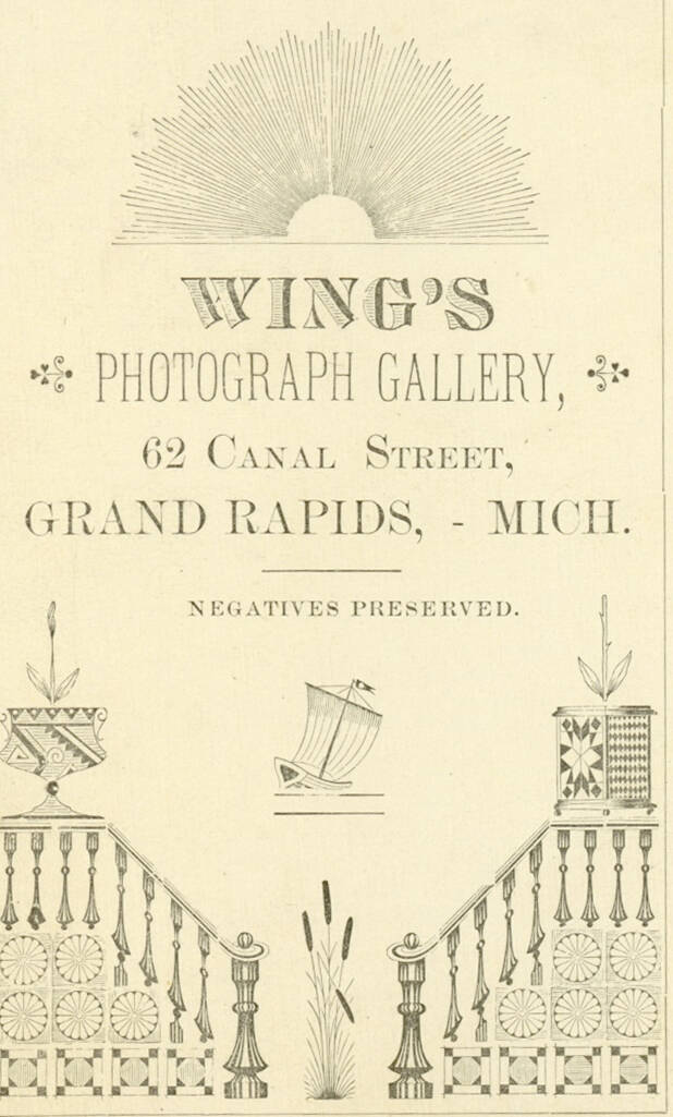 Printed back of a carte de visite historic photograph from Wing's Photograph Gallery of Grand Rapids MI